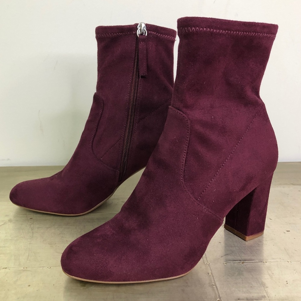 Steve Madden Emina Stretch Sock Bootie Almond Toe Block Heel Burgundy Red